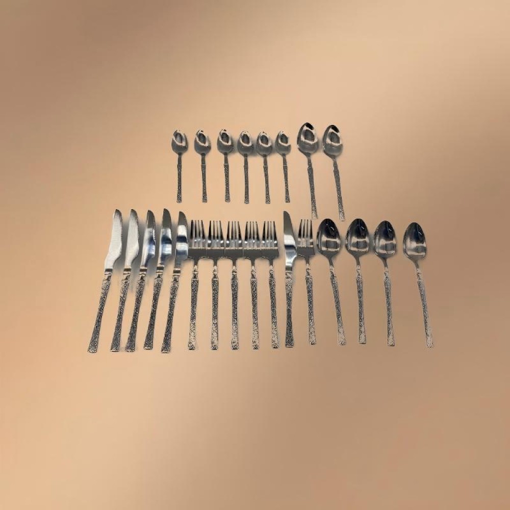 Silver Stainless Steel 24-Piece Tree-Patterned Handle Tableware Set