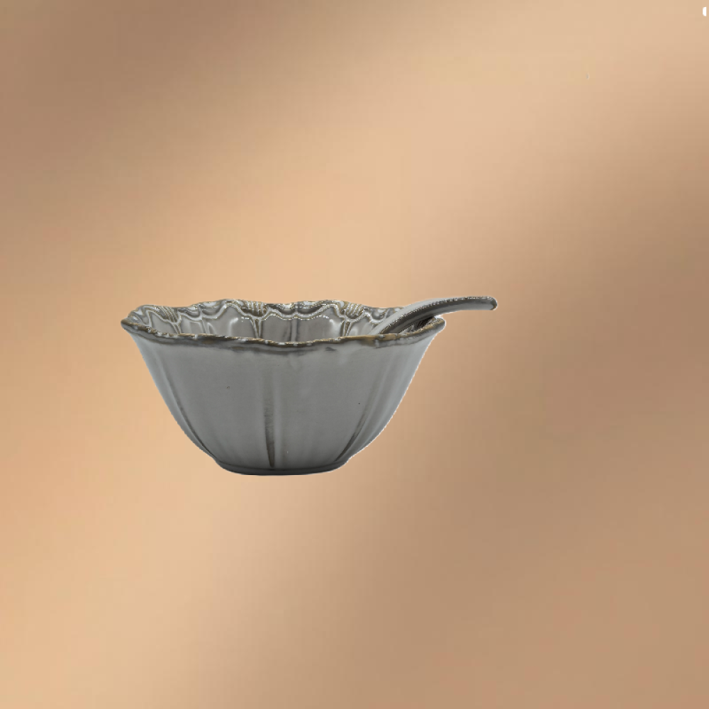 Gray Porcelain Bowl,Embossed Soup Bowl With Spoon