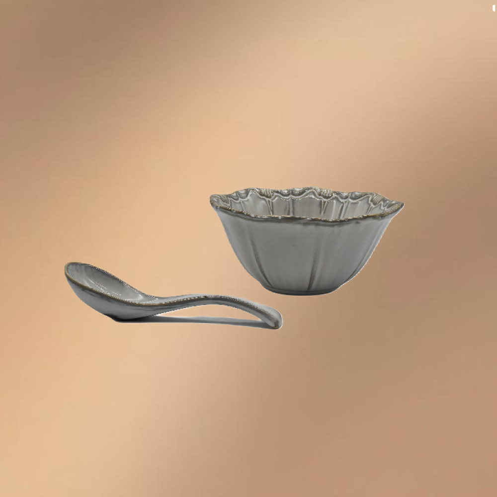 Gray Porcelain Bowl,Embossed Soup Bowl With Spoon