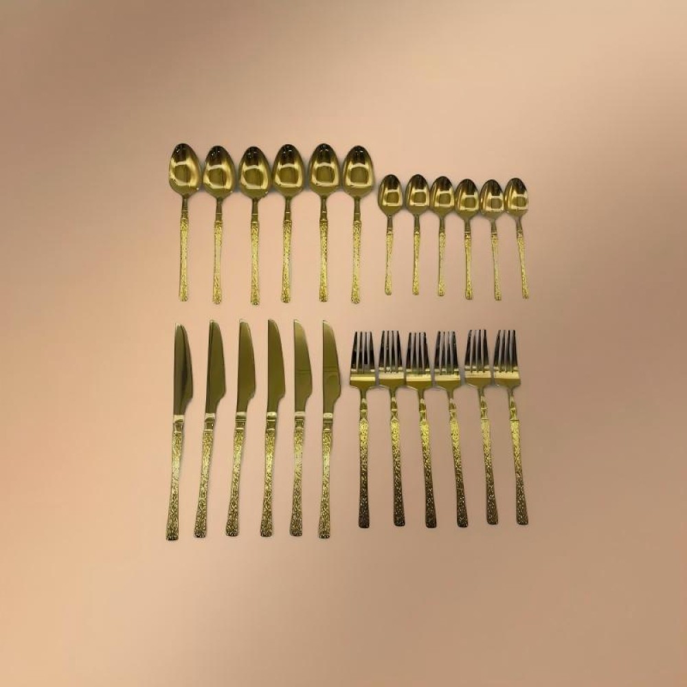 Gold Stainless Steel 24-Piece Tree-Pattern Handle Tableware Set